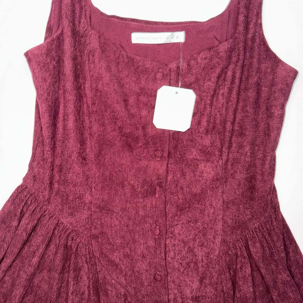 Altar'd State Burgundy Corduroy Button Front Square Neck Mini Dress - Picture 4 of 12